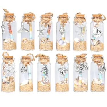 Imagem de Meching Kit de mensagem náutica em garrafa, 12 peças, enfeite de Natal costeiro, potes decorativos de praia, com rolhas e conchas, pingentes de estrela-do-mar para árvore de Natal, lembrancinhas
