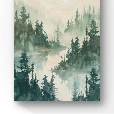 Imagem de Tela em Canvas Paisagem Floresta Verde Névoa, Arte em Aquarela, Pintura Decorativa, 60x40 Centímetros
