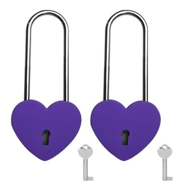 Imagem de VeYocilk Love Lock, cadeado afiado de coração roxo fosco de 8,89 cm 50 mm para ponte amor, casamento, aniversário, presente de viagem (com chave)