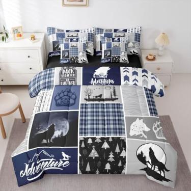 Imagem de Feelyou Conjunto de edredom geométrico infantil de lobo com 7 peças, para decoração de quarto de mulheres e homens, leve, azul marinho
