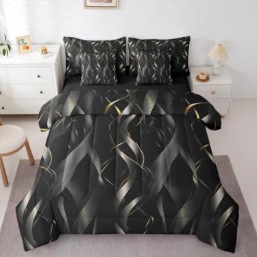 Imagem de Conjunto de edredom solteiro listrado preto dourado com lençol abstrato, ombré, ondulado, 7 peças, moderno, minimalista, geométrico, listrado, conjunto de cama em uma bolsa, arte estética