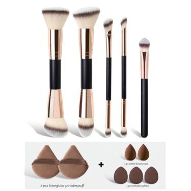 Imagem de Conjunto de 5 pincéis de maquiagem profissionais Gold Duo-Head com 2 esponjas de pó, 5 esponjas de maquiagem