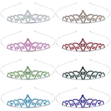 Imagem de 8 peças de tiara de princesa de metal brilhante multicolorido com strass, coroa, tiara de casamento, festa de aniversário, formatura para mulheres, meninas, noivas, damas de honra (8 peças em forma de