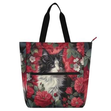 Imagem de Sacolas femininas de trabalho com flores de gato gatinho para escola, bolsa para professores, presentes para amantes de livros