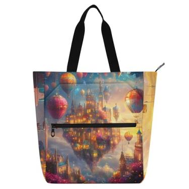 Imagem de GAIGEO Bolsa feminina colorida flutuante com céu da cidade, bolsa de trabalho de lona com zíper, bolsa de praia, bolsas de viagem, amantes de livros