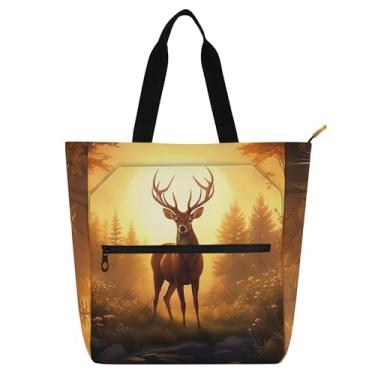 Imagem de GAIGEO Majestic Deer Sunrise Forest Bolsa de trabalho feminina bolsa de lona universitária bolsa utilitária presente de escritório para amantes de livros bolsas