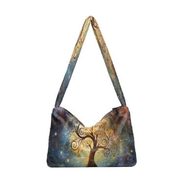 Imagem de Desenho a tinta de planetas em uma bolsa de ombro feminina preta, bolsa de ombro para mulheres, bolsas de outono, Árvore cósmica no céu noturno estrelado - 1, One Size