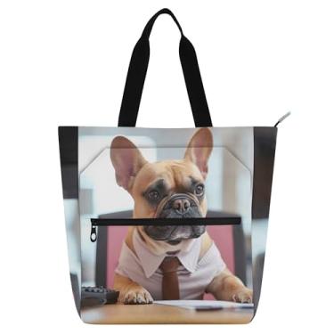 Imagem de GAIGEO Bolsa feminina divertida para buldogue francês para trabalho, lona, praia, livro, com zíper, bolsa infantil fofa com compartimentos