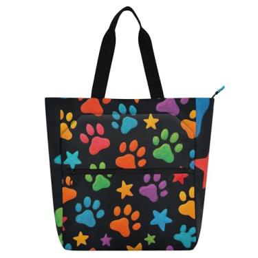 Imagem de Sacola feminina preta com estampa de patas coloridas para trabalho, lona, escola, com zíper, bolsas reutilizáveis, presentes para amantes de livros