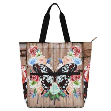 Imagem de GAIGEO Bolsa de trabalho floral de madeira borboleta para mulheres, bolsa escolar de lona com zíper, mensageiro, presente para amantes de livros