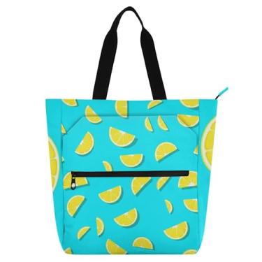 Imagem de GAIGEO Sacolas de trabalho femininas amarelas com fatias de limão azul turquesa, bolsa escolar de lona com zíper, bolsas de escritório utilitárias com compartimentos