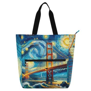 Imagem de USA Starry Night Golden Gate Bridge tote feminina bolsa de trabalho lona praia escola bolsa linda bolsa infantil com compartimentos