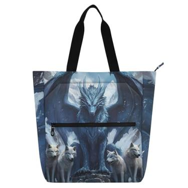Imagem de Bolsa feminina com estampa de animais de dragão lobo bolsa escolar de lona com zíper carteiro bolsas para amantes de livros presentes