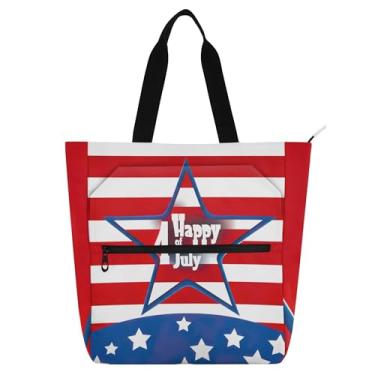 Imagem de GAIGEO Happy July Bolsas de trabalho com bandeira americana para mulheres, bolsa de lona para livros de praia com zíper, lindas bolsas infantis com compartimentos