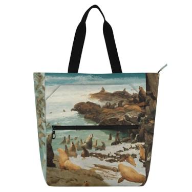 Imagem de GAIGEO Seal Rocks Farallons Albert Bierstadt Bolsa de trabalho feminina lona praia livro bolsa zíper todos os dias bolsa com compartimentos