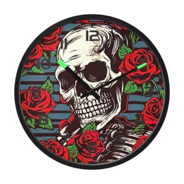 Imagem de SEHANY Relógio artístico de parede de caveira silencioso, sem tique-taque, relógio redondo operado por bateria, controle de som, luz noturna, relógios de parede para sala de estar, cozinha, quarto