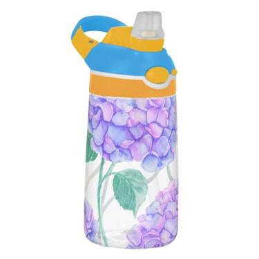 Imagem de Garrafa de água infantil de 473 ml com tampa de palha, garrafa de água esportiva portátil para escola à prova de vazamento 473 ml, copo infantil Tritan, alça de transporte, flores roxas de hortênsia