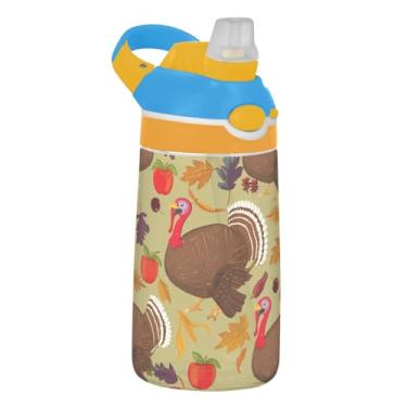 Imagem de Garrafa de água animal de Ação de Graças Perus para crianças 473 ml Garrafa de água de plástico portátil com tampa de canudo 473 ml Tritan reutilizável para crianças copo à prova de vazamento, alça de