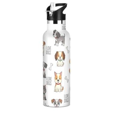 Imagem de Joisal Garrafa de água escolar isolada para meninas, cães fofos de desenho animado, 590 ml, livre de BPA, à prova de vazamento, copos infantis de aço inoxidável com tampa de canudo