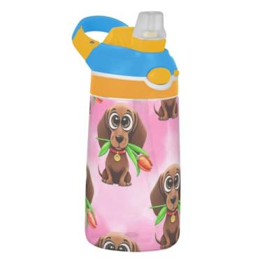 Imagem de Cute Dachshunds Garrafa de água esportiva infantil animal rosa para escola, 473 ml Tritan 473 ml garrafa de água com canudo, copo infantil portátil à prova de vazamento, alça de transporte