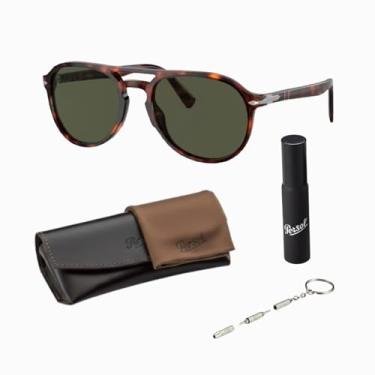Imagem de Persol Óculos de sol em forma de piloto PO3235S com kit oficial de óculos, Armação Havana | Lente verde
