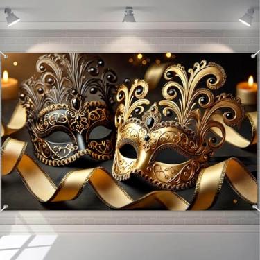 Imagem de HOMETITUTE Banner de máscara de baile de máscaras ouro preto 188 x 109 cm cenário de festa de carnaval elegante fita decoração de gala exibição de salão de baile de luxo para eventos de celebração