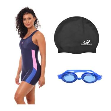 Imagem de Kit Natação Macaquinho Óculus Proteção UV e Touca Silicone Grande (Marinho/Azul/Rosa - Óculos azul, P)