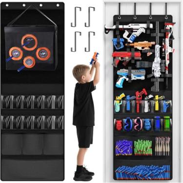 Imagem de Organizador sobre a porta para armas de brinquedo, cabide de porta de armazenamento de brinquedos com bolsos e compartimentos para quartos de crianças, salas de jogos, preto
