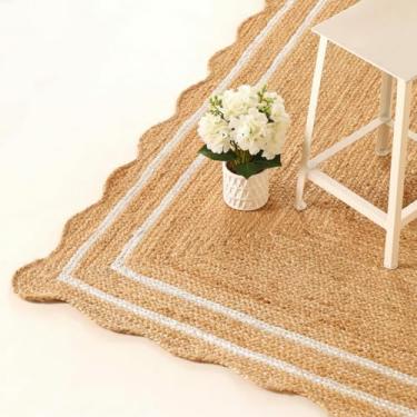 Imagem de GRUHUM Tapetes de área de juta recortados 1,5 x 2,4 m base natural retangular acabamento branco tecido à mão boho macio trançado rústico vintage ecológico tapete - fazenda interior sala de estar
