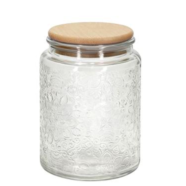 Imagem de 1 pote de vidro vintage estilo Paisley com tampa hermética de bambu, recipiente de armazenamento de cozinha para açúcar, café, chá, biscoitos, sal de banho - Pote decorativo para despensa e balcão (1
