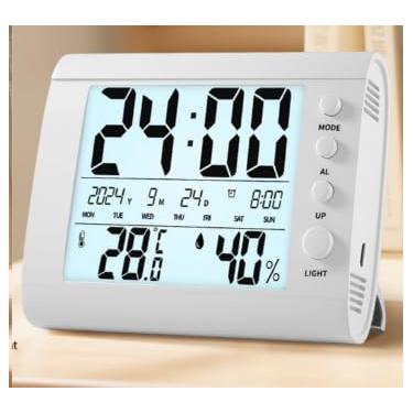 Imagem de Relógio de parede digital com ajuste automático, relógios de mesa com temperatura, umidade e data, relógio despertador com calendário digital grande para idosos, quarto, escritório, branco (não