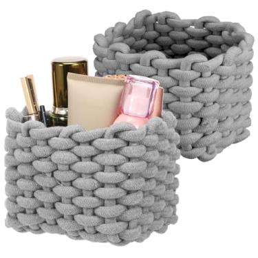 Imagem de YLMFTNU 2 peças de suporte de cabeceira quadrado fofo, cesta de tecido de corda de algodão, cesta quadrada de armazenamento pequena, organizador de cesta decorativa para prateleiras, banheiro, cômoda