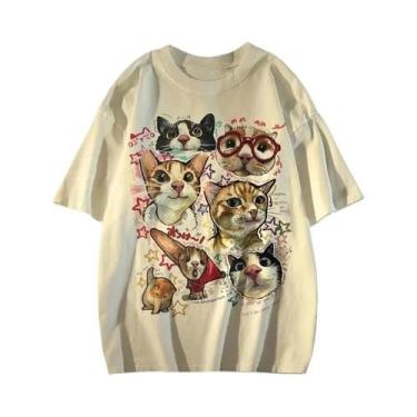 Imagem de Camiseta Feminina De Verão Com Estampa De Gato Em Estilo Cartoon, Mang