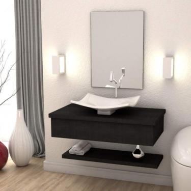 Imagem de Bancada para Banheiro 80cm com Cuba Folha F44 e Prateleira 805w Metrópole Compace Preto Onix