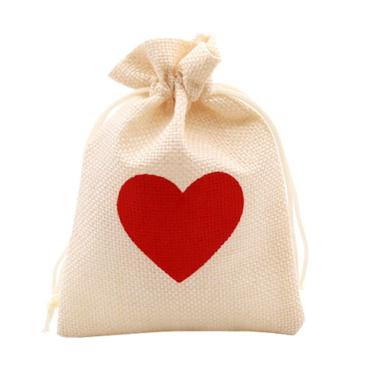 Imagem de Bolsa de presente, pacote com 50 unidades, estilo linho bege com estampa de coração vermelho
