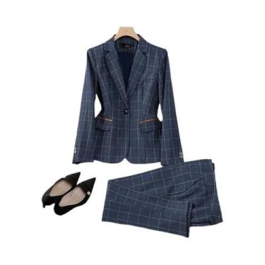 Imagem de Conjunto De Calça E Blazer Feminino Estilo Britânico Em Xadrez Damasco