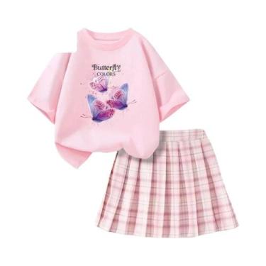 Imagem de Conjunto De Verão Para Meninas: Camiseta Rosa Com Laço E Saia Xadrez, 