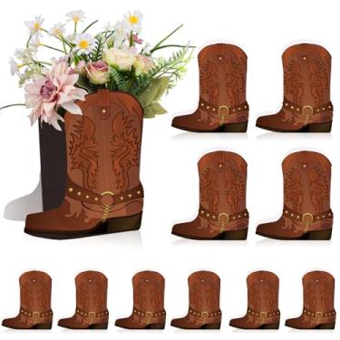 Imagem de Weekgrat Conjunto de 16 botas caubói ocidentais marrons caixas de flores centro de mesa caixas em forma de bota decorações tema ocidental lembrancinhas de festa de vaqueira para caubói festa de