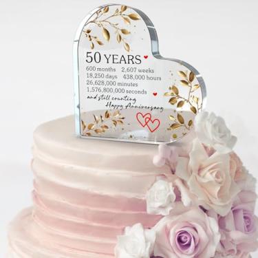 Imagem de Topo de bolo de acrílico de 50º aniversário de casamento, bloco de acrílico de coração, decoração de bolo elegante de 50 anos, decoração de festa de aniversário de ouro e presente de lembrança para