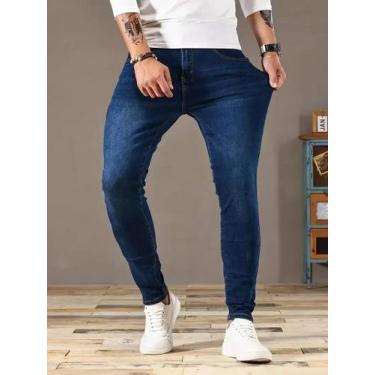 Imagem de Calças Jeans Slim Fit Para Homens Estilo Casual Clássico Em Denim Azul