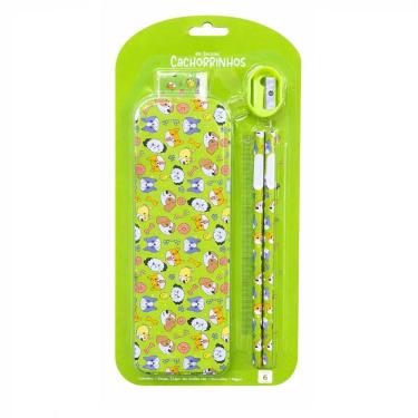 Imagem de Kit Estojo Escolar de Metal com 2 Lápis Borracha Apontador e Régua