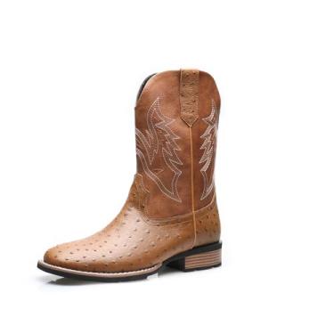 Imagem de Botas de cowboy ocidentais masculinas com bico quadrado bordado couro PU patchwork botas sem fecho, botas caubói cavaleiro, Marrom, 40