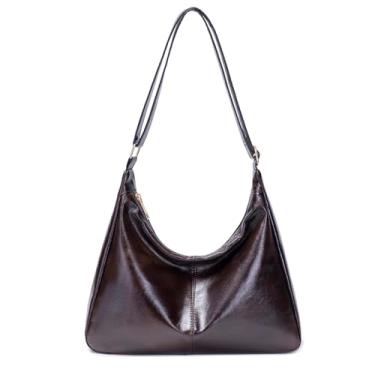 Imagem de Bolsa Hobo feminina dobrável de couro vegano, carteira de ombro inclinada multidirecional e sacola, bolsa de grande capacidade, Café