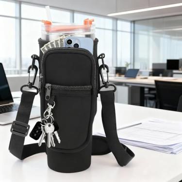 Imagem de Bolsa para garrafa de água, suporte magnético para copo com bolso para telefone, suporte isolado de neoprene para proteção de copo (preto)