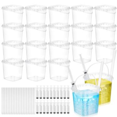 Imagem de Willinglong 40 peças de baldes de rum de plástico transparente de 1 l com 40 canudos e 40 seringas de bebidas sorvete com alça baldes de plástico reutilizáveis para festas, copo de cerveja de vinho