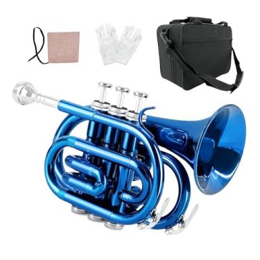 Imagem de ModouString Trompete de bolso Bb com estojo, bocal, pano de limpeza, instrumentos musicais de latão para estudantes e iniciantes (azul)