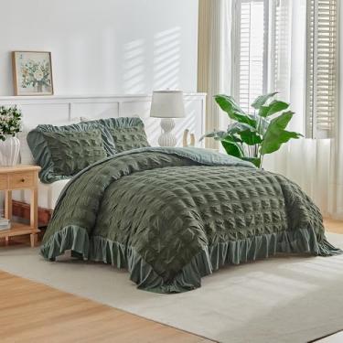 Imagem de Flysheep Conjunto de capa de edredom Seersucker xadrez verde com franjas largas com babados tamanho solteiro, conjunto de cama macia de 3 peças para todas as estações, conjunto de cama de casal de