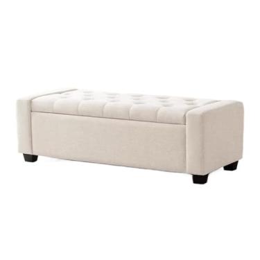 Imagem de KEG801302 Banqueta moderna para cama, leve, luxuosa, para uso doméstico, banco de descanso, banco de armazenamento de sapatos, banco de sofá para sala de estar e quarto decorativo (bege, branco, médio
