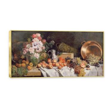 Imagem de NHLDZYH Moldura dourada. Tela de frutas botânicas vintage, impressão de estilo de pintura a óleo vintage, decoração de jantar country de fazenda, pronta para pendurar. C62. 50 x 100 cm.