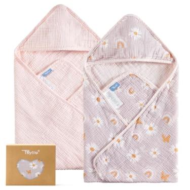 Imagem de TILLYOU Toalhas de bebê com capuz de musselina para recém-nascidos, pacote com 2, toalha de banho macia de 81 x 81 cm, altamente absorvente para recém-nascidos e bebês, essencial para cuidados com